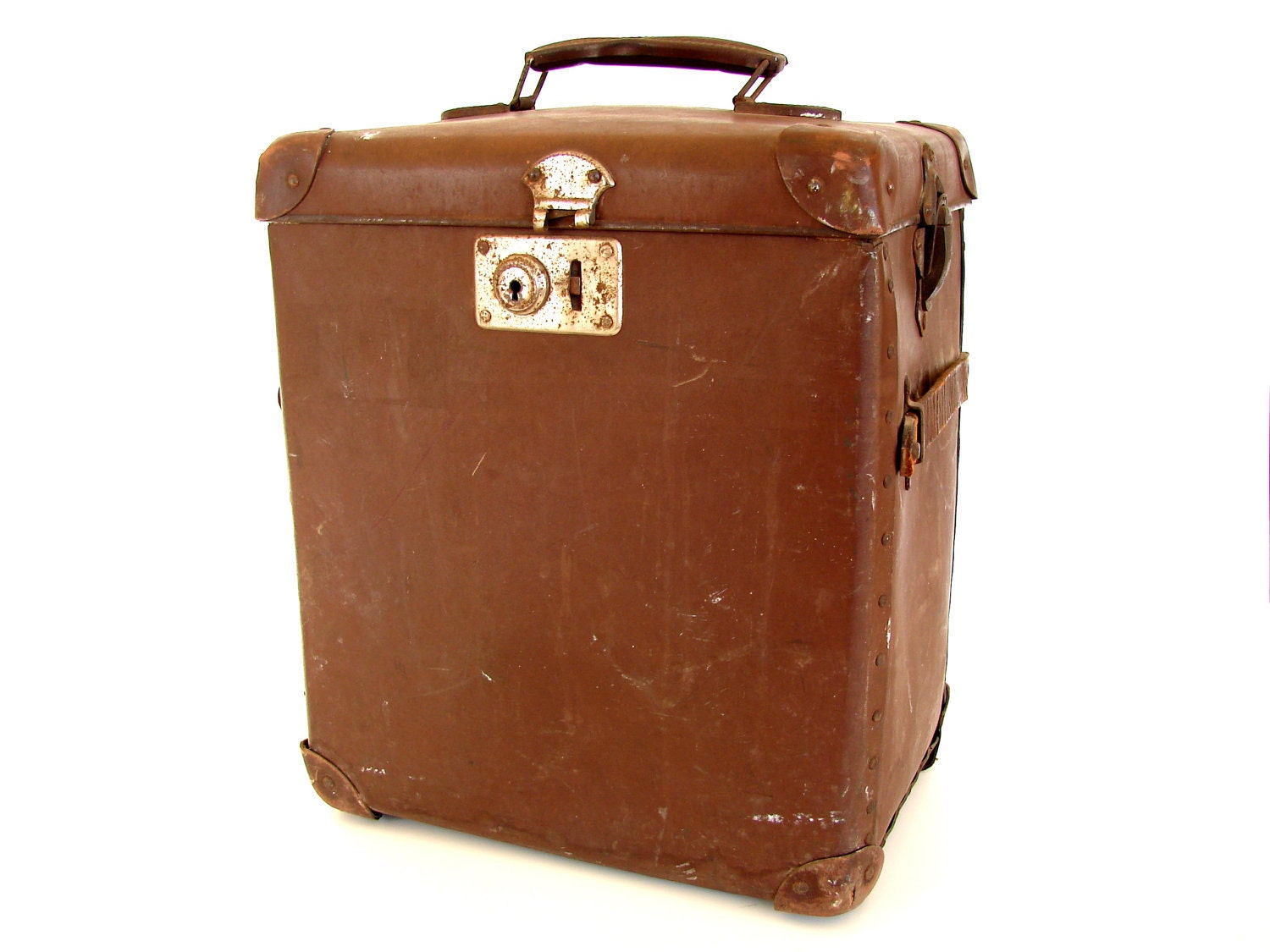 Antique / Vintage Covered Wooden Storage Box / Trunk with Protective Corners, Latches, and Leather