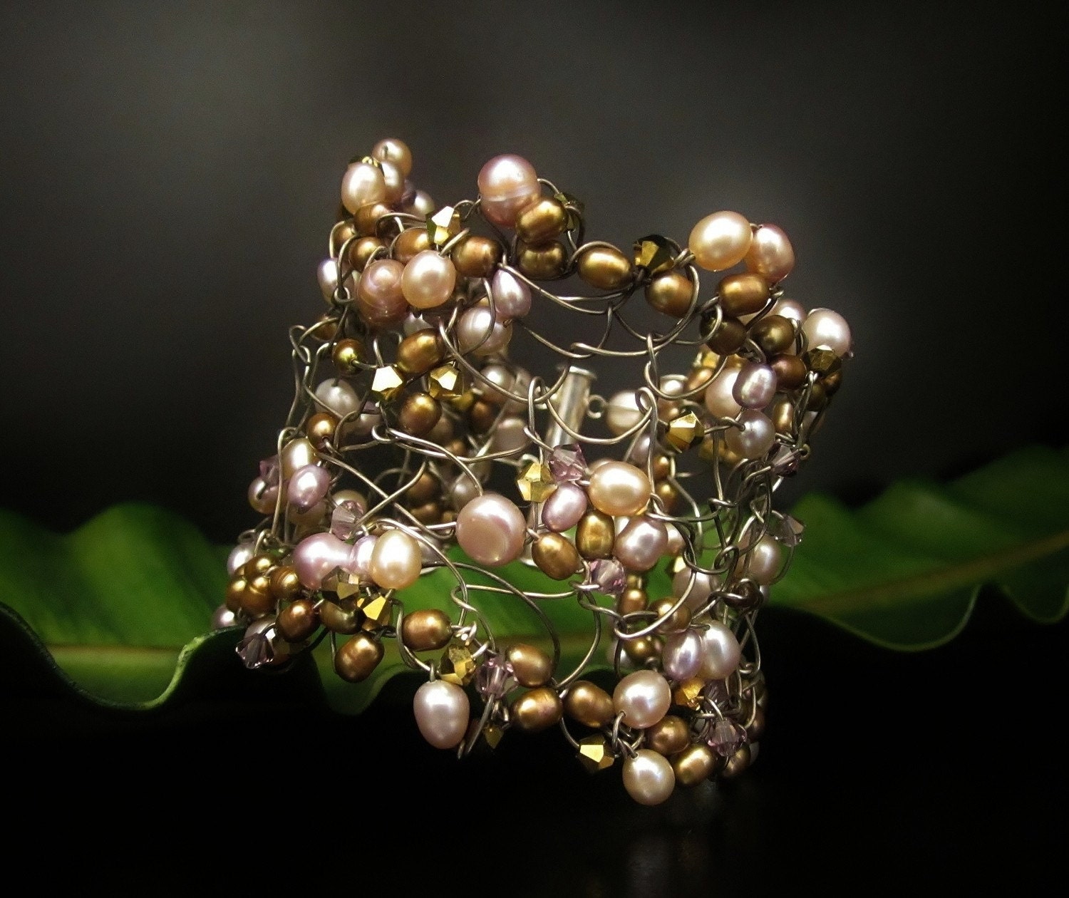 Wire Cuff Bracelet in Sterling Silver, Pearls & Crystals - Whimsical Illusion Pink Pearl and Champagne Bracelet