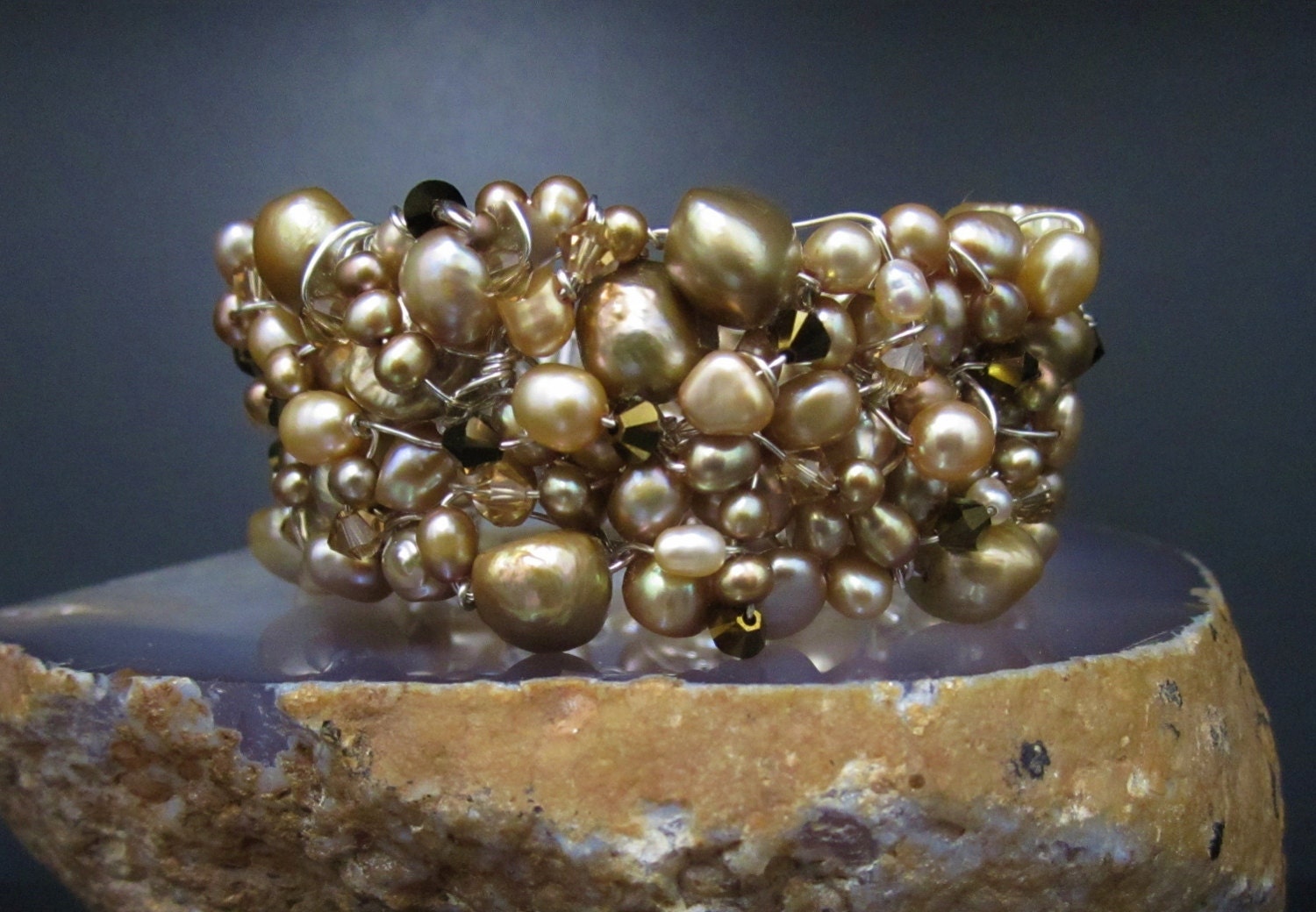 Chunky Pearl Bracelet - Champagne Pearl Cluster Cuff