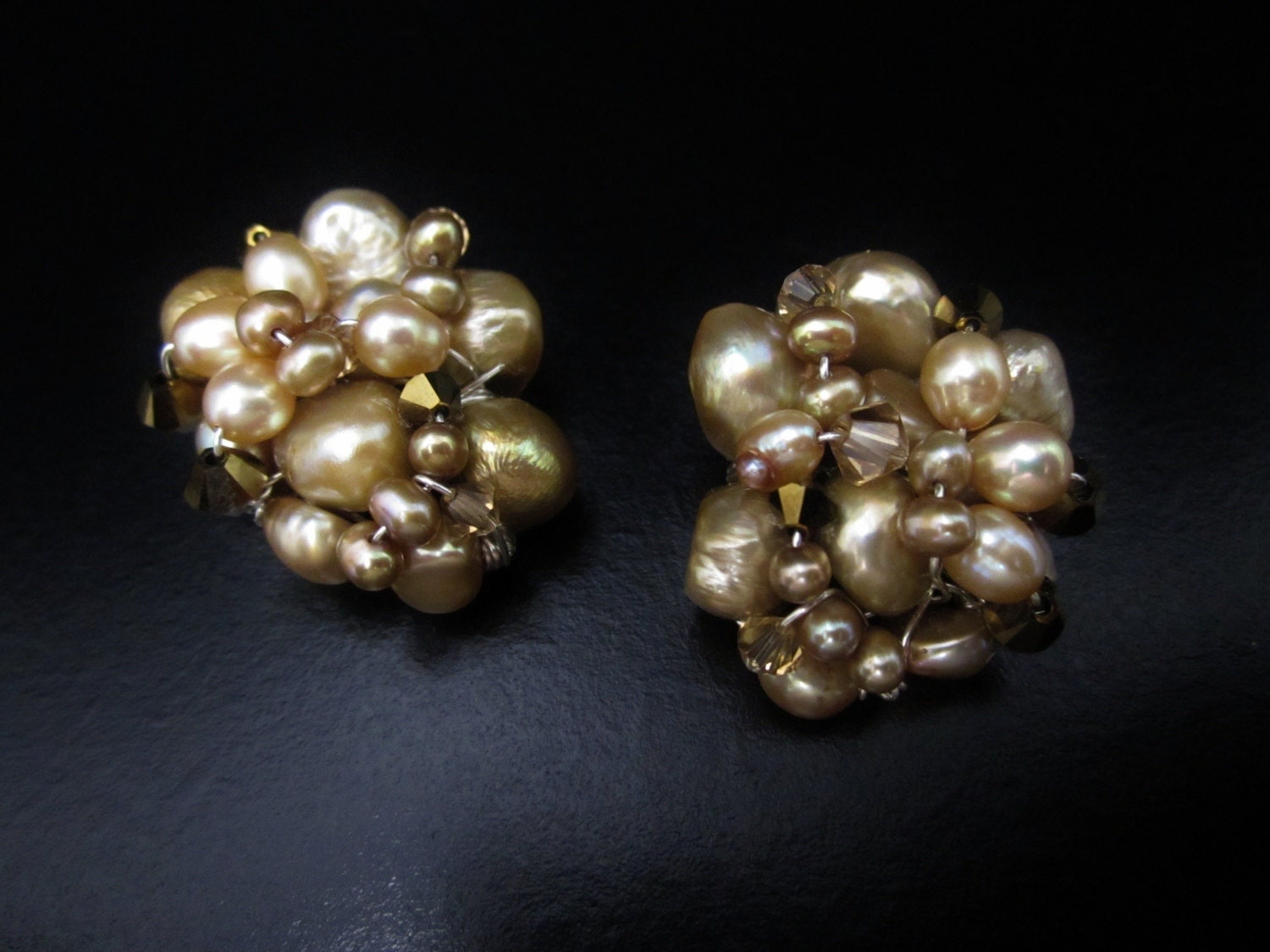 Champagne Pearl Cluster Earrings with Bronze crystals Bridal Salon (Clip On)