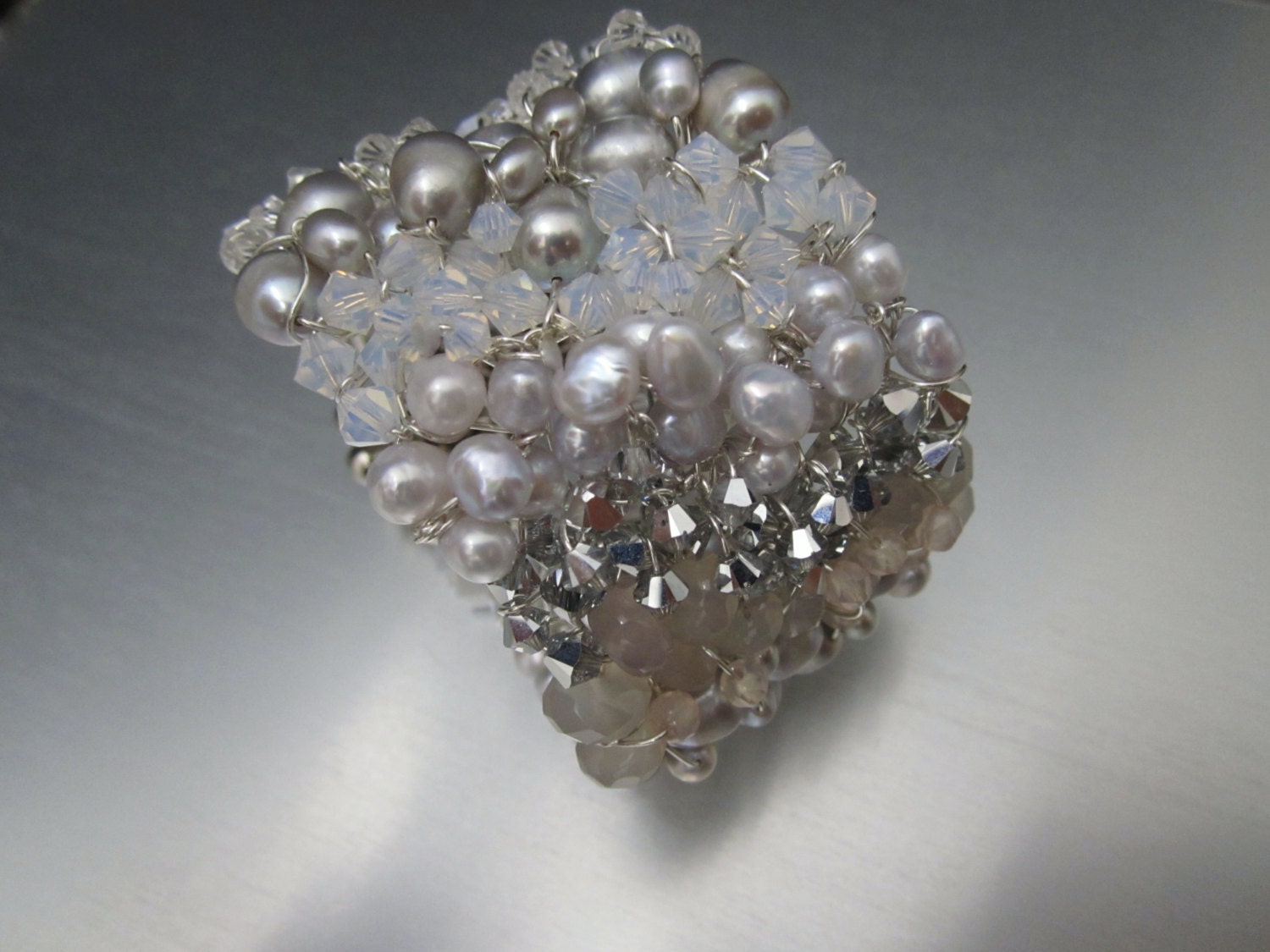 Bridal Bracelet with Pearls & Opal Swarovski Crystals-Winter Wonderland Sparkle Wedding Jewelry Sharona Nissan