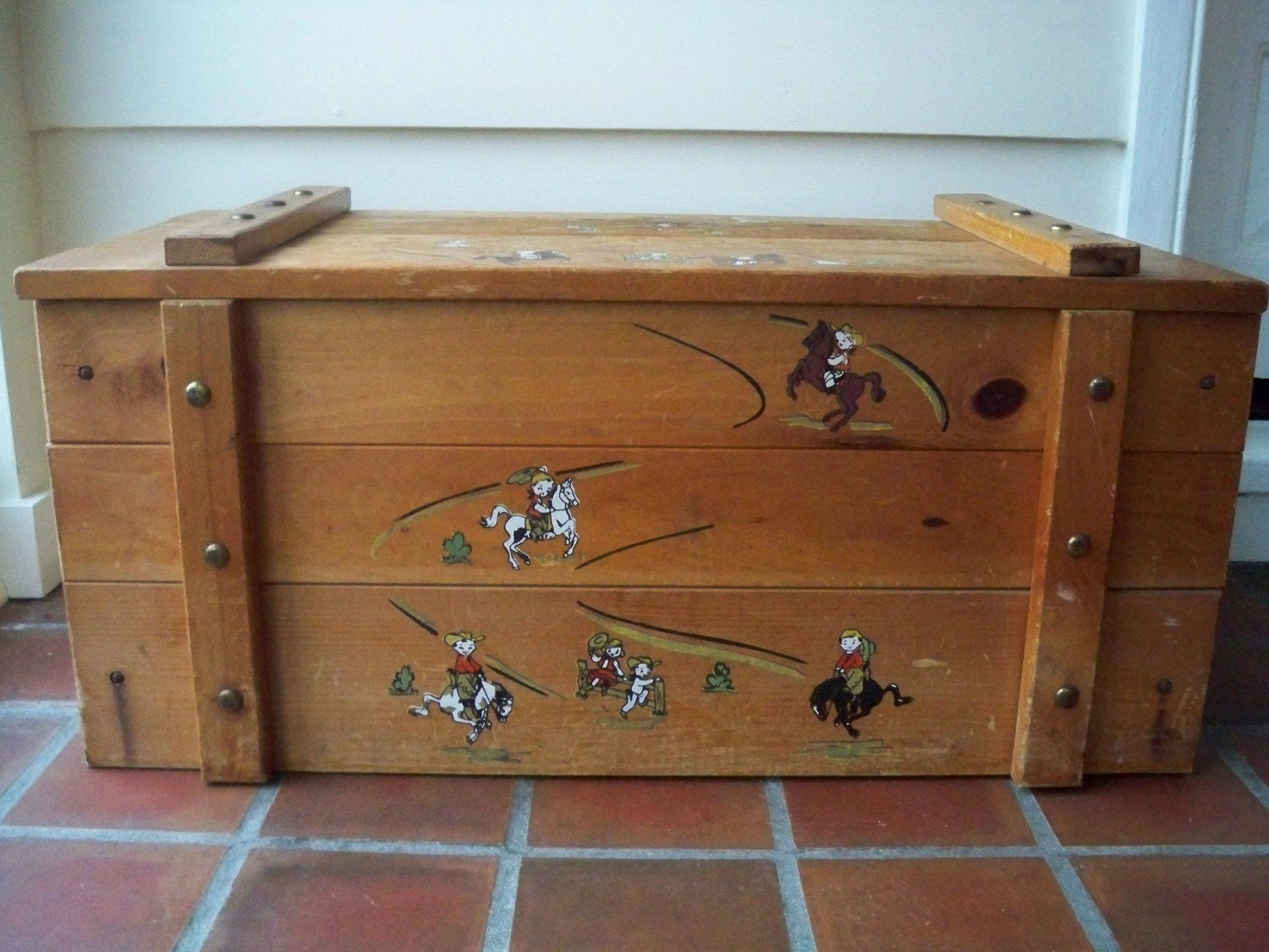 Vintage Cowboy Wood Toy Box. Circa 1960s