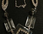 chain assemblage crystal chandelier Boho ro necklace new old one of kind vintage beads lucite pin rhinestones silver chain matching earrings