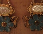 COME SEE my GARDEN blue corn flower queens earrings assemblage wire wrapped ooak vintage french look queen