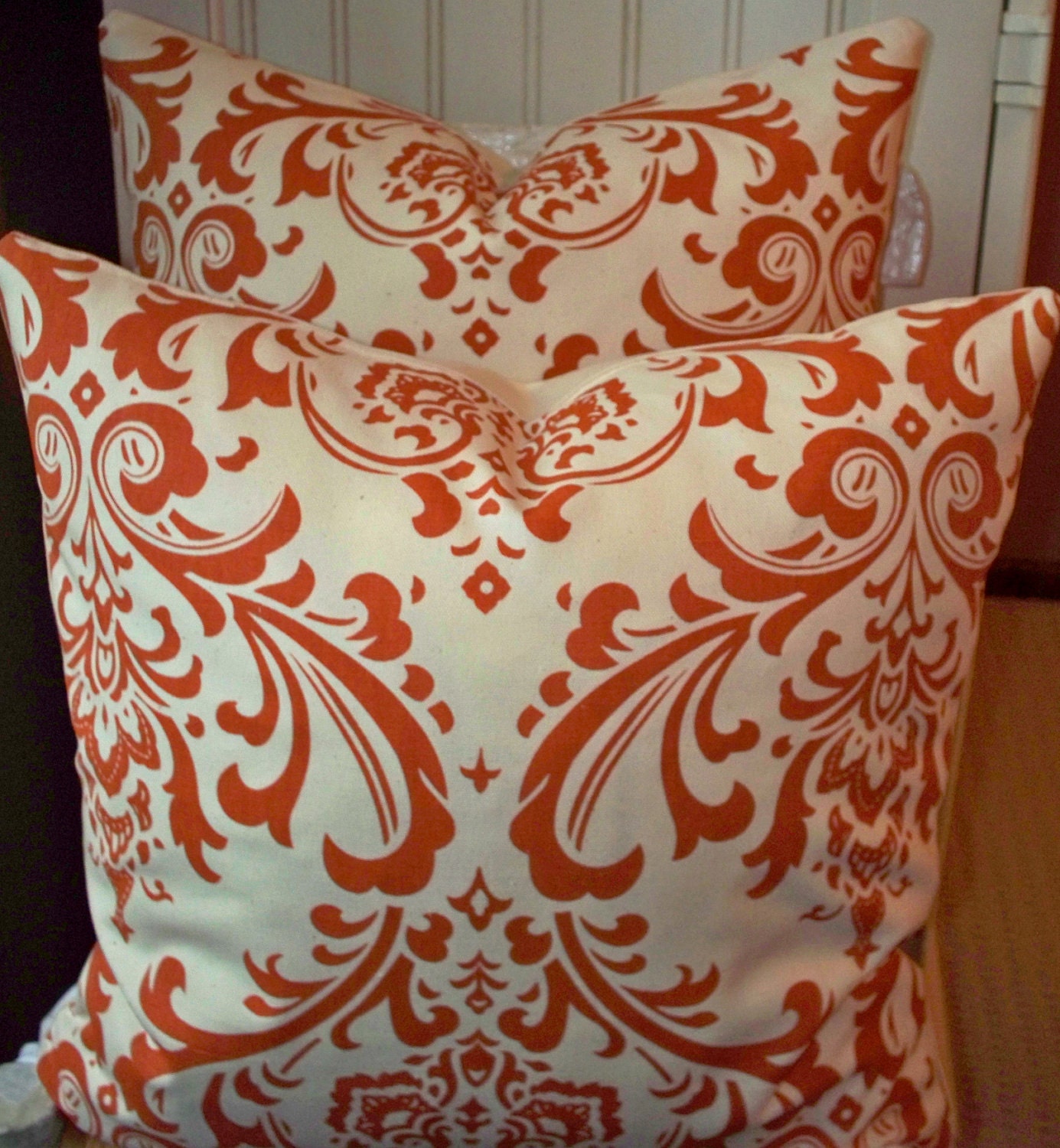 Set of 2 Throw Pillow Orange Sweet Potato Fall Damask 18X18 Decorative Pillow
