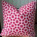 Decorative Pillow - Red Raspberry Pink/White Geometric - Designer fabric - 18 X 18