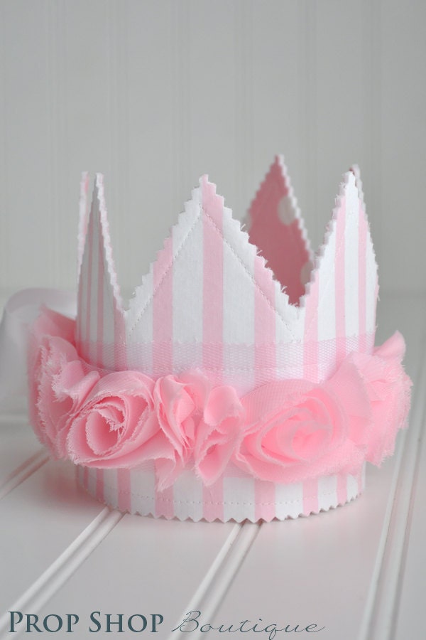 Girls Pink and White Rosette Fabric Crown, Party Hat, Photo Prop