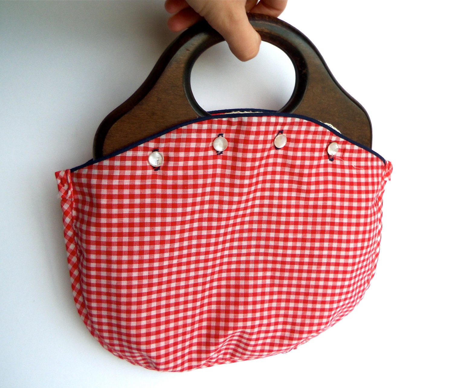 vtg reversible multi-purse/ clutch, handbag, hinged wood handle, checkered, eyelet, red
