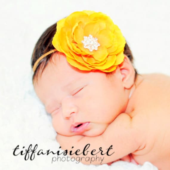 Baby Girl Yellow Flower Headband..Rhinestones..Yellow  Headband..Infant Flower Headband..Toddler Flower Headband..Newborn Headband