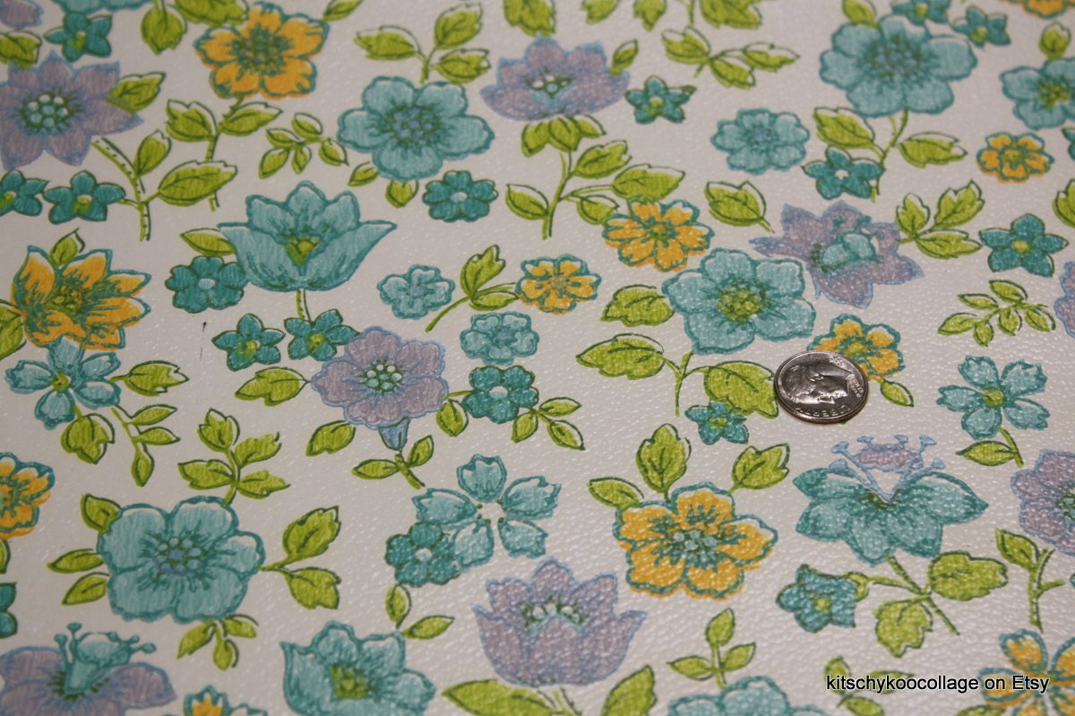 1970's Vintage Wallpaper blue yellow and lavender floral