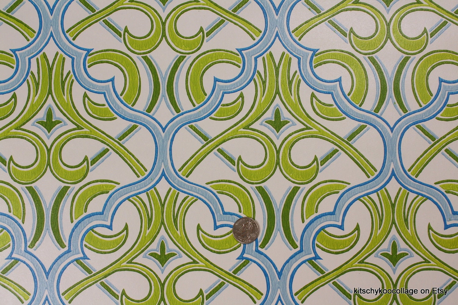1970's Vintage Wallpaper Green and Blue Retro Damask