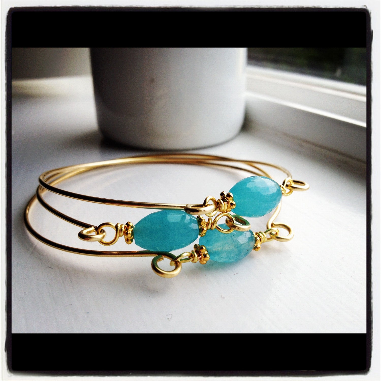 Blue Sky's Ahead-Three Blue Topaz Quartz and Gold Bangles, BOHO, Stacking Bracelets