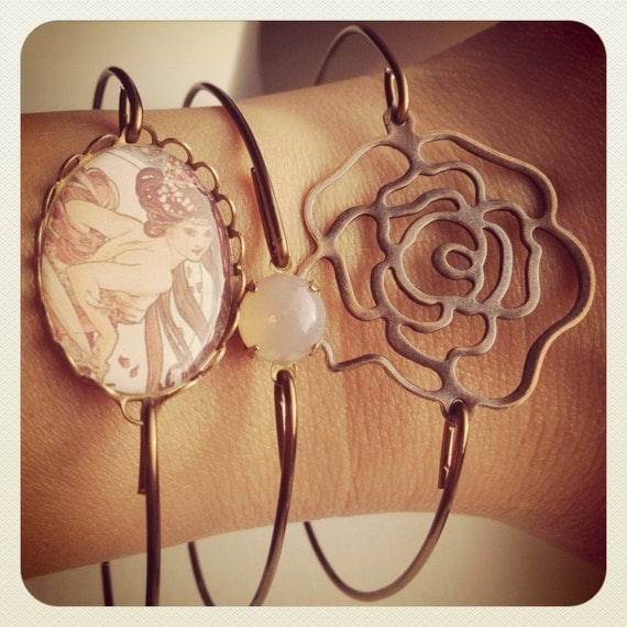 Beauty and The Rose-Bronze Bangle Set with Mucha Cabochon, Rose, and Opal Bead, BOHO, Set of Three SALE