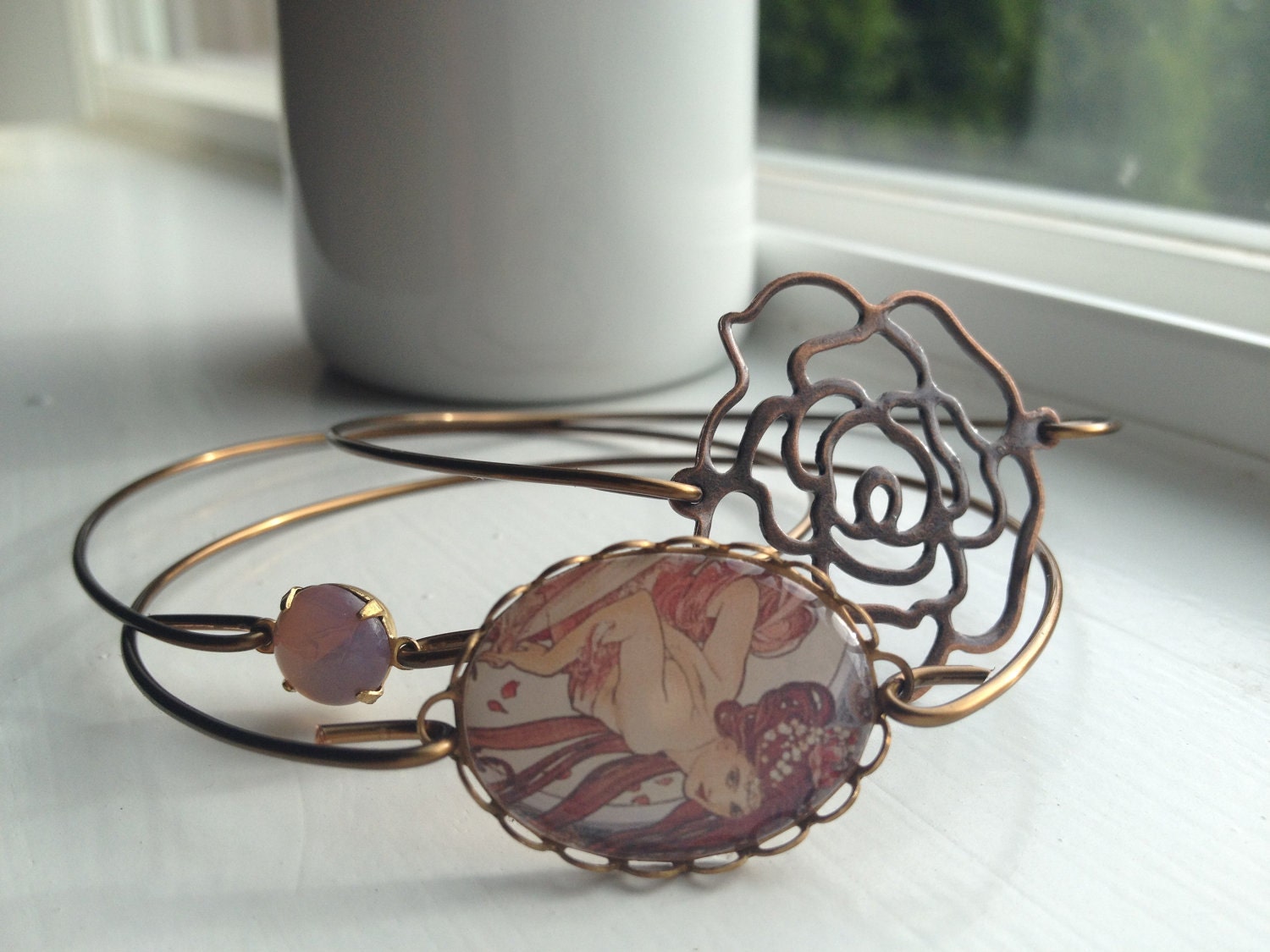 Beauty and The Rose-Bronze Bangle Set with Mucha Cabochon, Rose, and Opal Bead, BOHO, Set of Three SALE