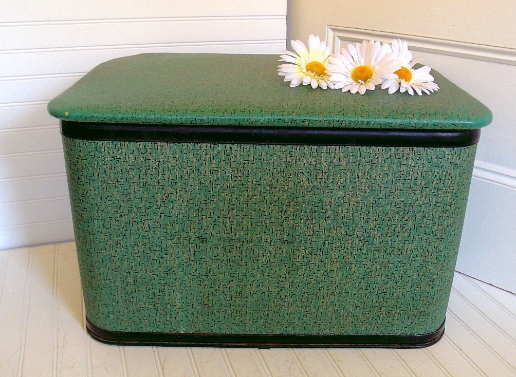 Teal and Black Atomic Vinyl Storage Hassock by Pearl Wick -  Vintage Custom Built Ottoman - Storage Bench - All Original