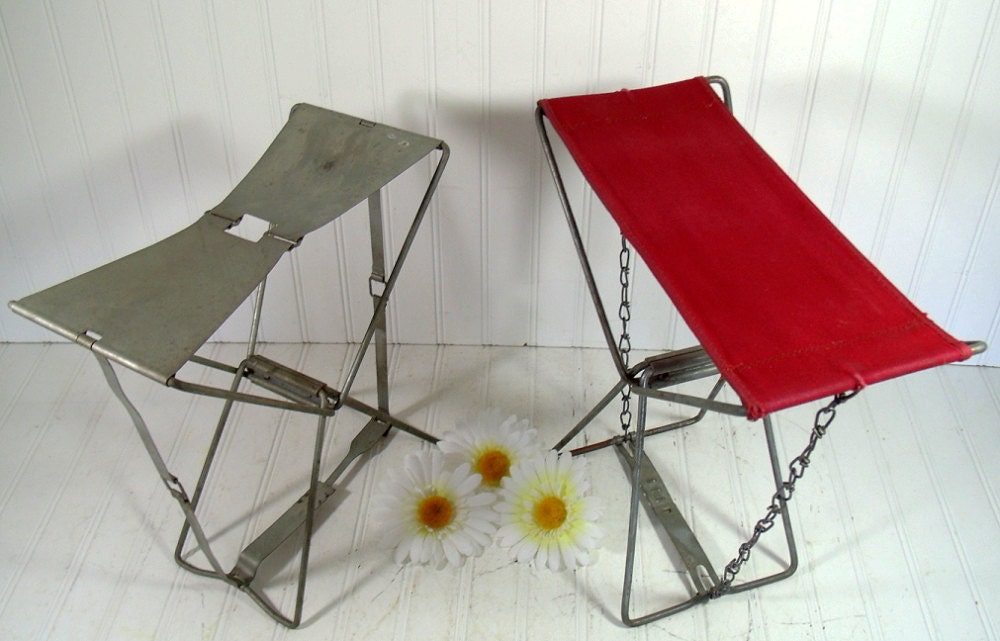 Metal and Canvas Folding Camp Stools - Vintage Outdoor Seats - Old Pal Portable Fishing Set of 2