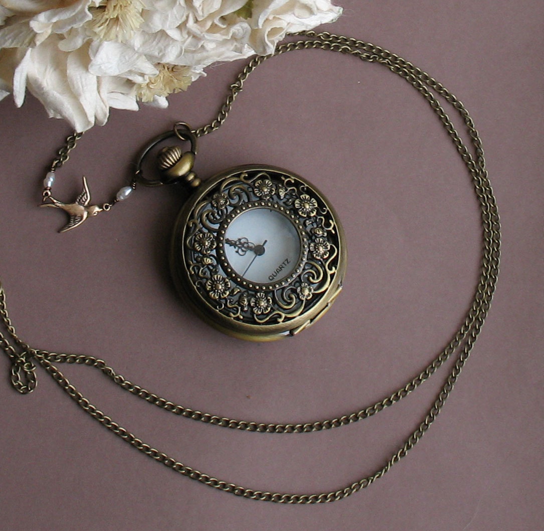 Victorian Garden -- Long Chain Golden Swallow and Pocketwatch Necklace -- Antiqued Brass Necklace