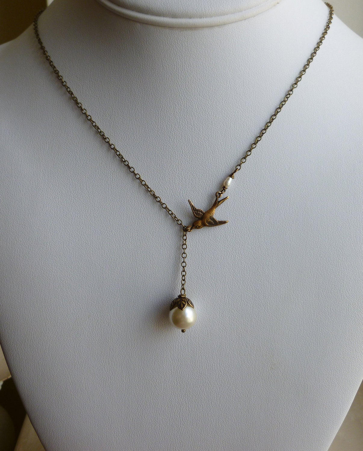 Antiqued Gold Swallow Bird with Cream Pearl -- Antiqued Brass Necklace -- Sale