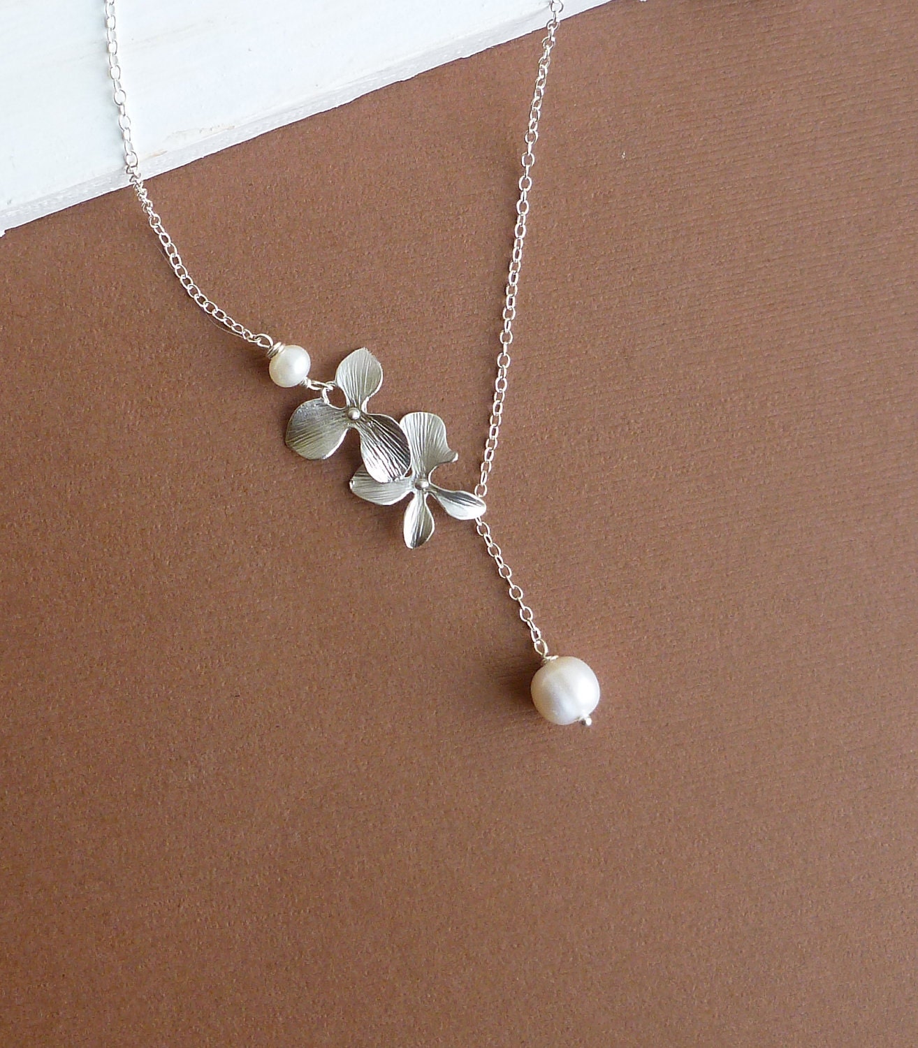 Two Silver Orchids and Ivory Freshwater Pearl with Sterling Silver Chain -- Silver Necklace