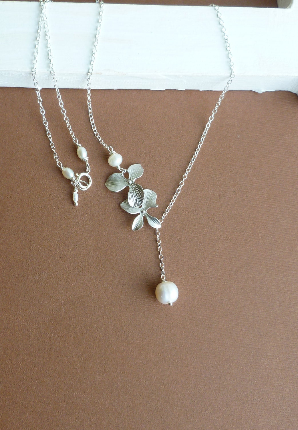 Two Silver Orchids and Ivory Freshwater Pearl with Sterling Silver Chain -- Silver Necklace