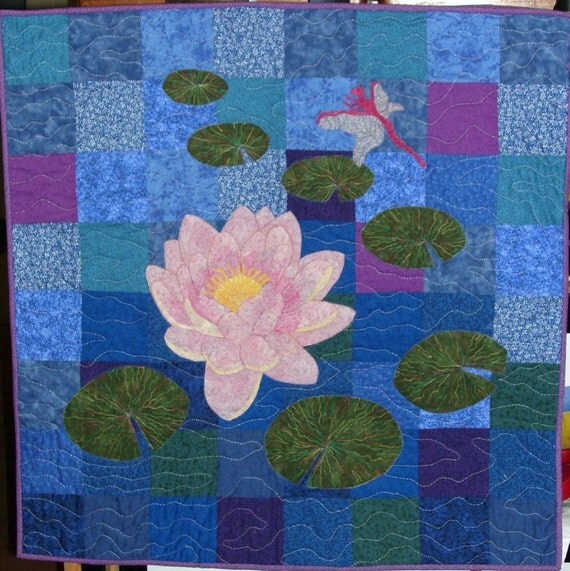 items-similar-to-water-lily-and-dragonfly-quilted-wallhanging-on-etsy