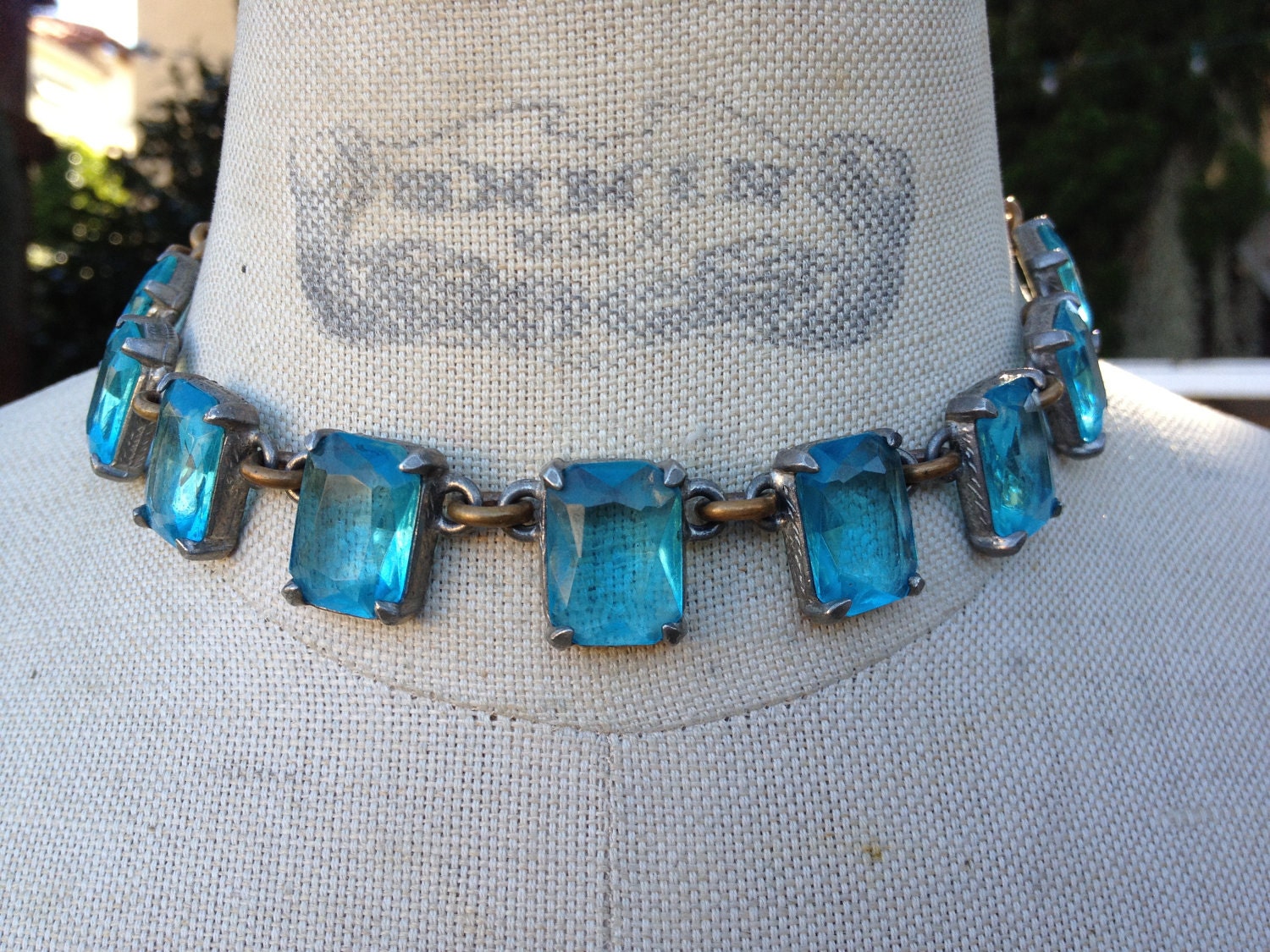 Gorgeous Antique Aqua Blue open back bezel Necklace