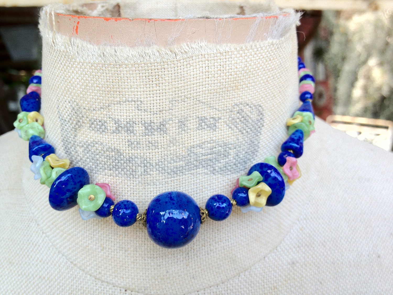 1920s Ceramic enamel bead Necklace Cobalt blue and tiny flowers