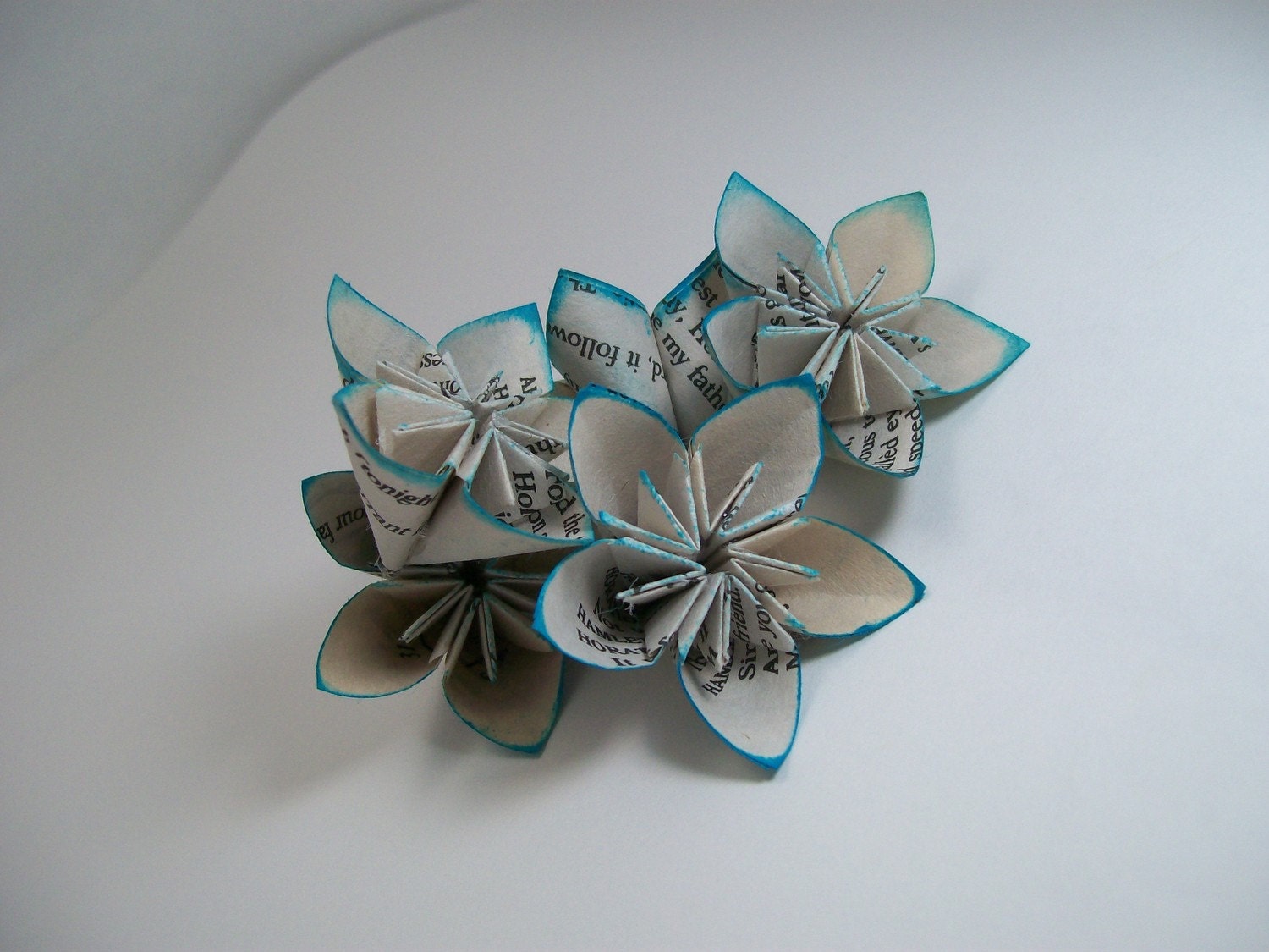 Small Recycled Book Print Paper Flowers - Turquoise