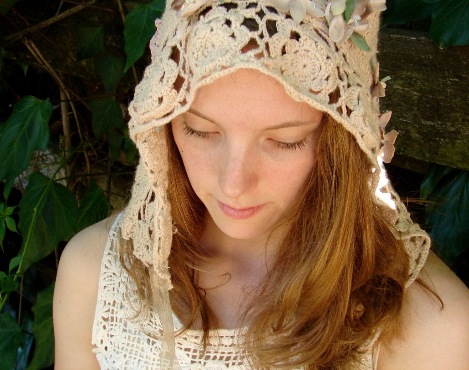 Made-To-Order Custom Spring bride summer bride Rustic hat bride Latte ecru veil crochet hood headpiece lace anthropologie like - kateblossom