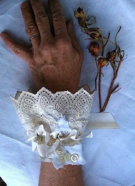 Vintage lace eyelet wrist cuff cufflet bride mother of bride bridesmaid silk ribbon ecru ivory organza cuff original wedding