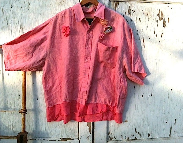 rustic Funky linen sweet pinky peach shabby chic tattered Tunic Anthropologie style Upcycled embellished rustic shirt