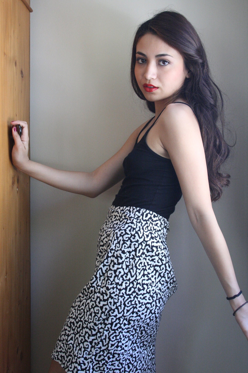Abstract Black and White Pencil Skirt. High Waisted 80s Skirt. Gothic Skirt