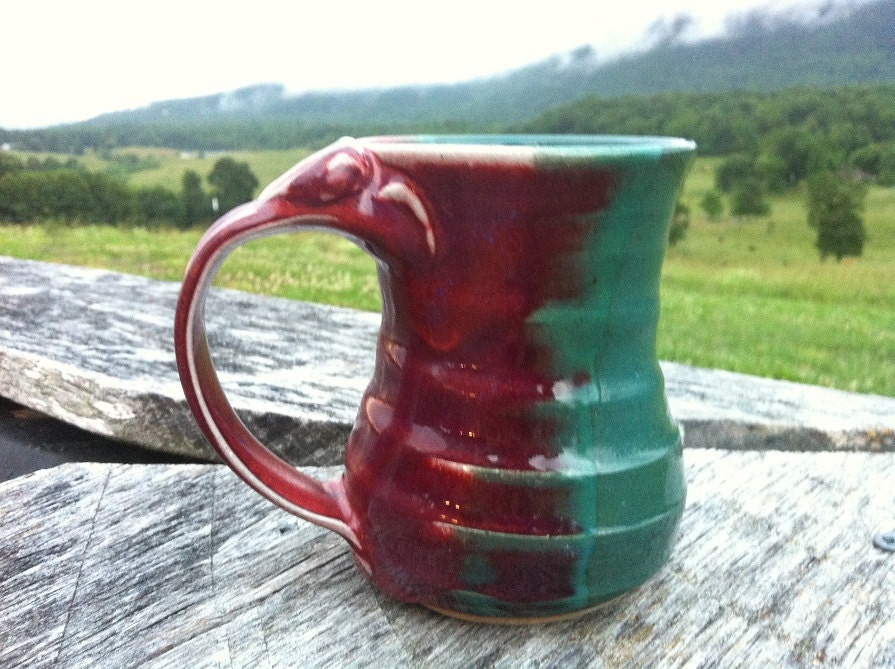 Hand thrown Mug with Thumb Rest - red and turquoise "Peacock" glaze - Microwave and dishwasher safe -