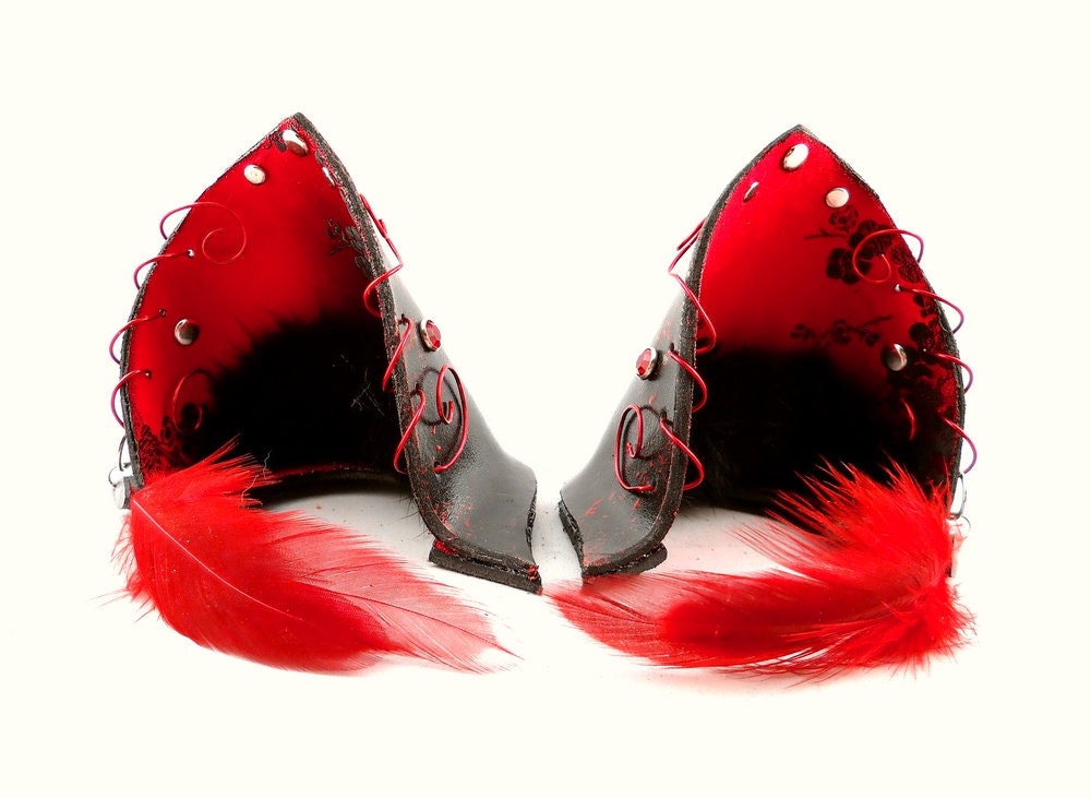 Shadow Fox Red Satin Black Leather Jeweled Kitsune Fox Ears Inumimi Cosplay Fantasy Goth Fashion Accessory