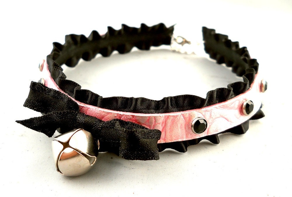 Pink Pearl Leather Black Ruffle Ribbon and Bell with Onyx Crystals Collar Choker Necklace Goth Kawaii Cosplay Lolita Fantasy Nekomimi