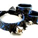 SALE Black Embossed Swirl on Metallic Blue Leather Bow and Bell Collar Choker Necklace Bracelets Cuff Set Goth Cosplay Kawaii Fantasy Wear