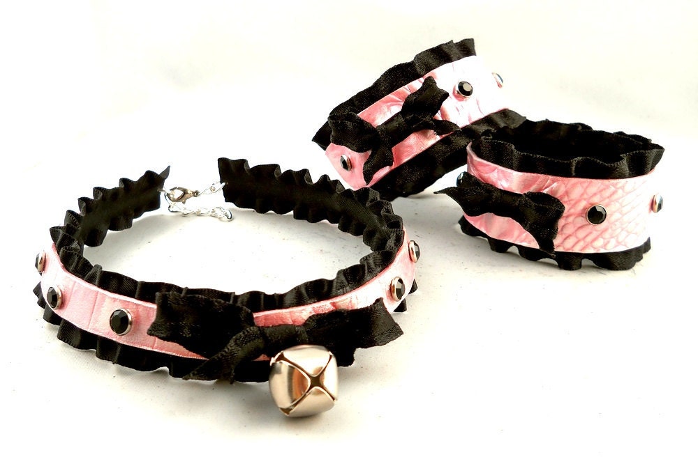 Pink Pearl Leather Black Ruffle Ribbon and Bell with Onyx Crystals Collar Choker Necklace and Cuff Bracelets Goth Kawaii Cosplay Lolita