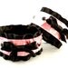 Pink Pearl Leather Black Ruffle Ribbon and Bell with Onyx Crystals Collar Choker Necklace and Cuff Bracelets Goth Kawaii Cosplay Lolita