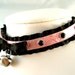 Pink Pearl Leather Black Ruffle Ribbon and Bell with Onyx Crystals Collar Choker Necklace and Cuff Bracelets Goth Kawaii Cosplay Lolita