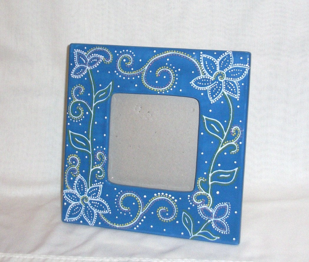 Picture Frame - Blue - Flowers and Swirls - hand painted Ceramic