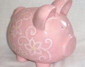 Hand painted Ceramic Piggy Bank - Personalized - Pink Flowers and Swirls