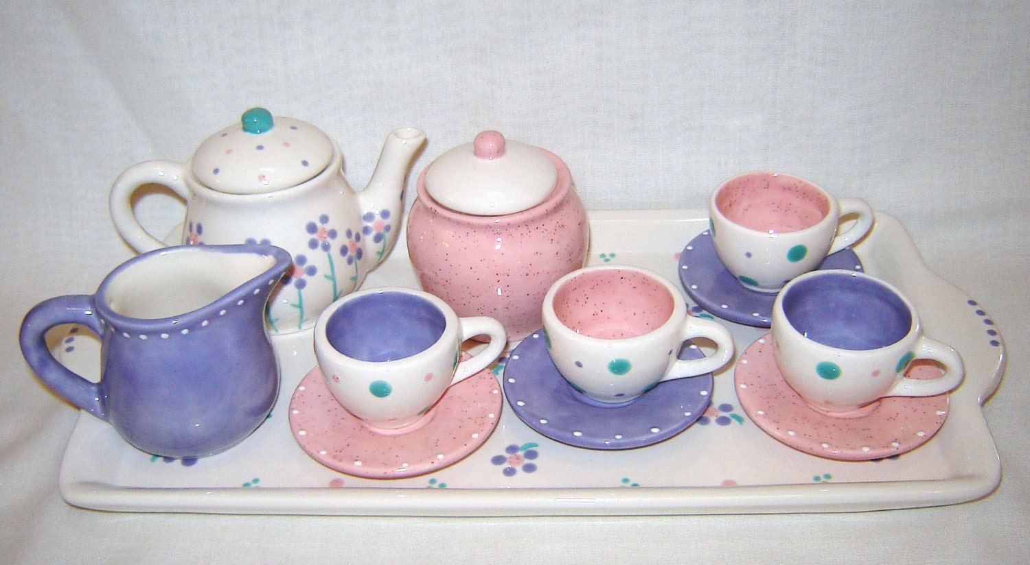 Ceramic Little Girls/Child Tea Set - Flowers- Pink, Lavender, Green- Hand Painted