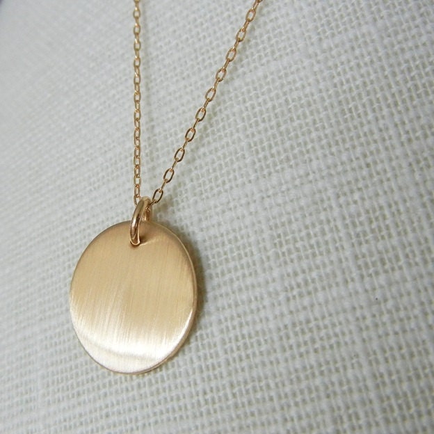 Brushed Gold Necklace, Round Hand Brushed Gold Filled (14K GF) Circle Charm Necklace SHIMMER by E. Ria Designs Jewelry