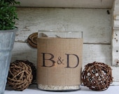Monogram Burlap Hurricane Glass Vase perfect for vintage rustic fall wedding....Custom monogram..unique wedding gift
