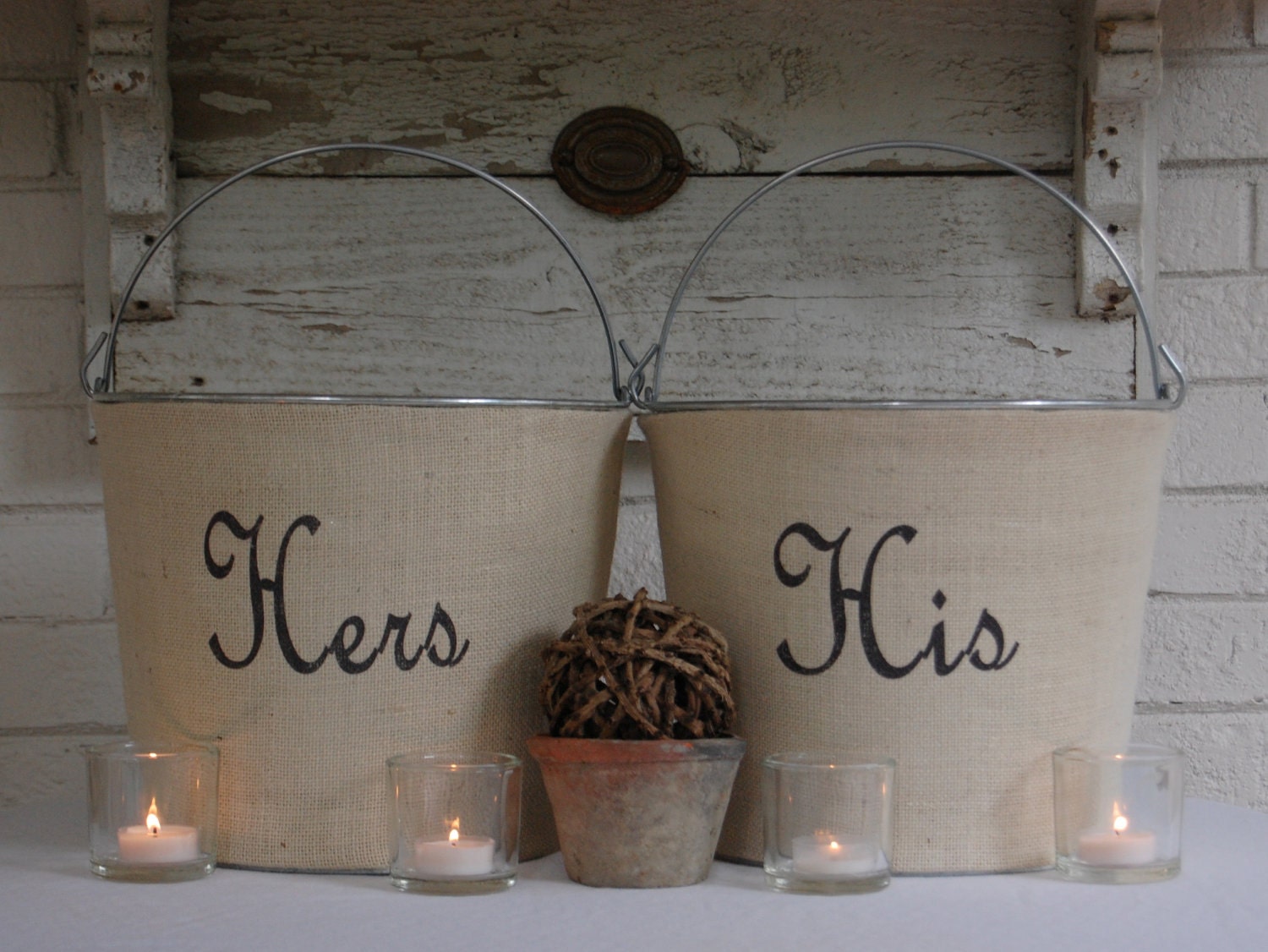 His & Hers Cream Burlap Wedding Metal Bucket Pails perfect for wedding decoration or wedding shower. Rustic chic elegance.....