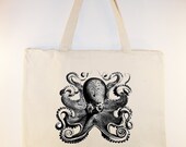 Vintage Octopus Illustration on 14x18 zippered top Canvas Tote with shoulder strap - other sizes available