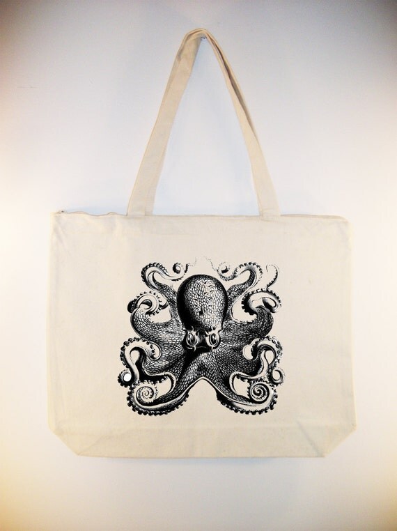 Vintage Octopus Illustration on 14x18 zippered top Canvas Tote with ... Vintage Octopus Illustration on 14x18 zippered top Canvas Tote with ...