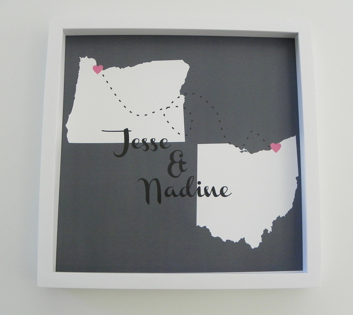 Long Distance Love Personalized Map Gift "Love Will Find A Way" Framed Art Print Keepsake - Wedding or Engagement