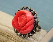 coral rose ring - antiqued brass filigree setting - vintage button