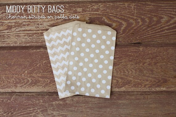 Brown Kraft Paper - Middy Bitty Bags - Chevron Stripe or Polka Dots